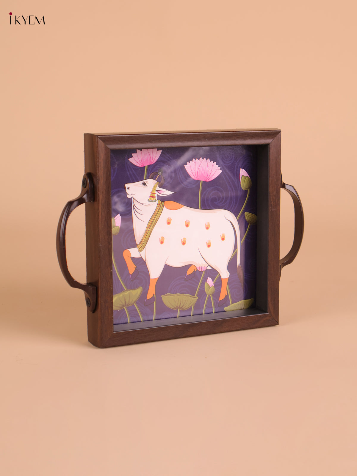 Pichwai Cow Printed Wooden Tray-Blue(6x6)