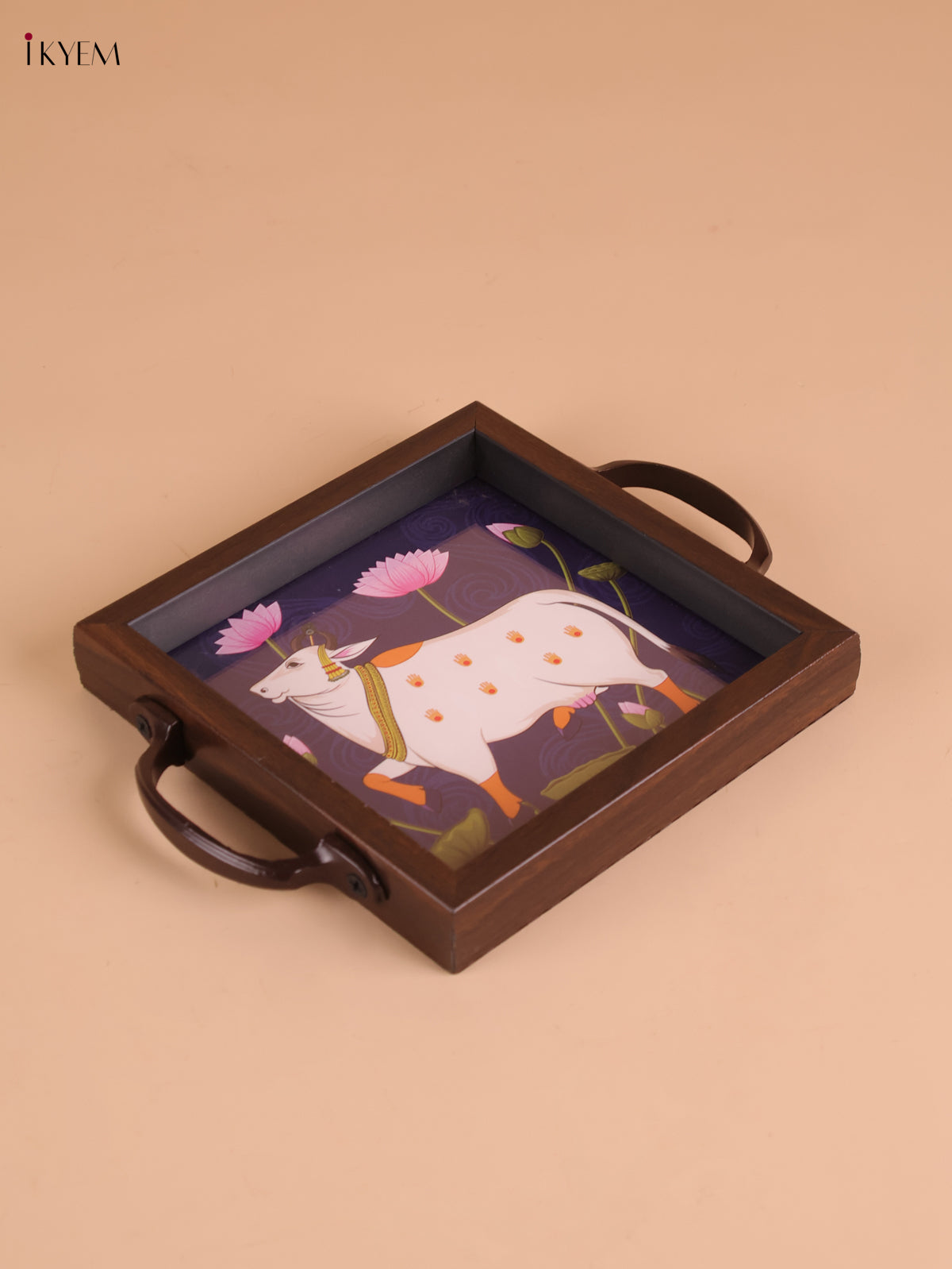 Pichwai Cow Printed Wooden Tray-Blue(6x6)