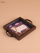 Pichwai Cow Printed Wooden Tray-Blue(6x6)