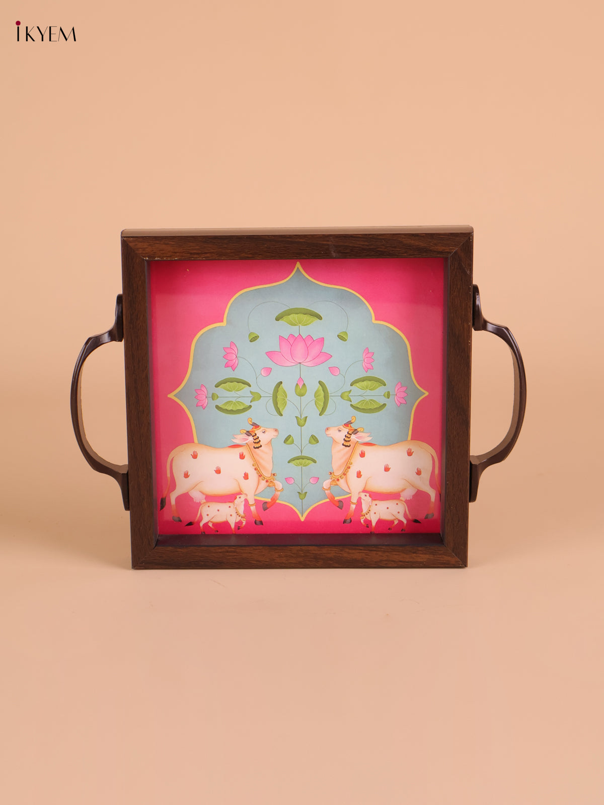 Pichwai Cow&Calf Printed Wooden Tray-Pink(6x6)