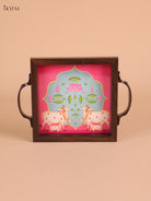 Pichwai Cow&Calf Printed Wooden Tray-Pink(6x6)