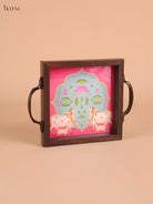 Pichwai Cow&Calf Printed Wooden Tray-Pink(6x6)