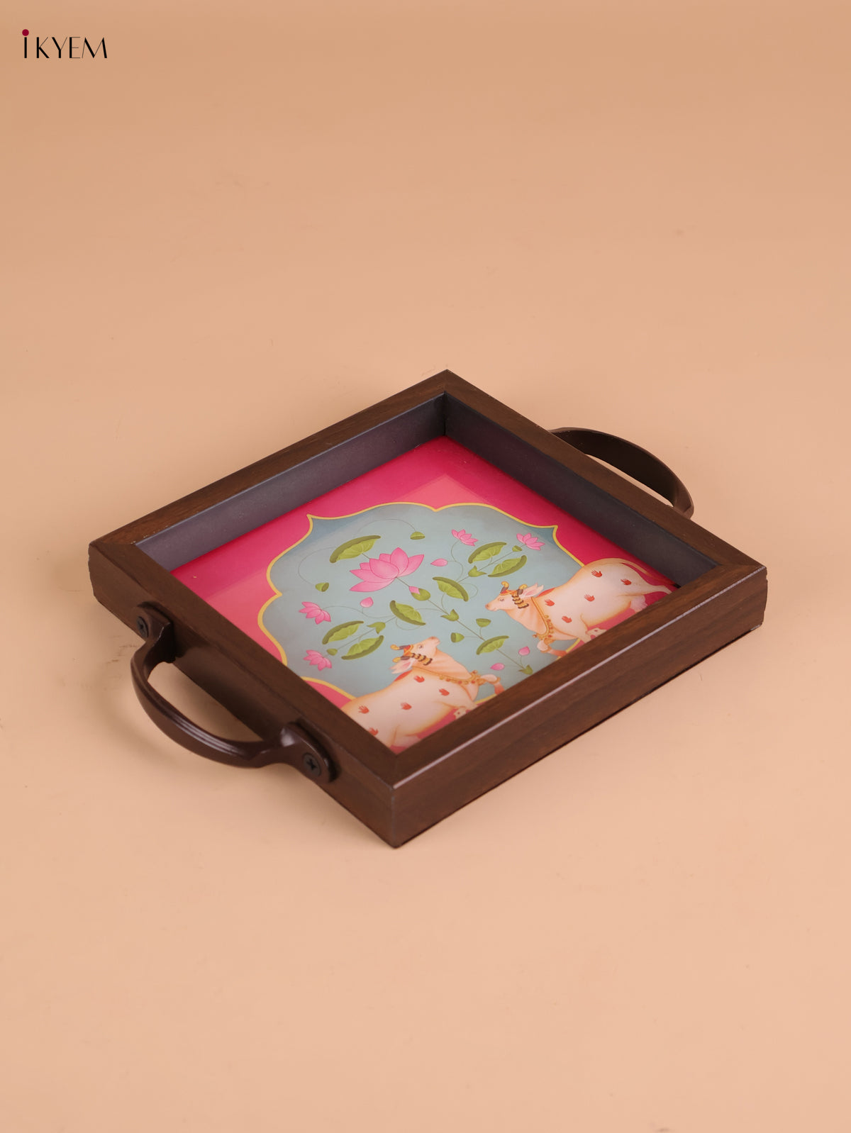 Pichwai Cow&Calf Printed Wooden Tray-Pink(6x6)
