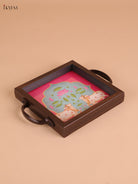 Pichwai Cow&Calf Printed Wooden Tray-Pink(6x6)