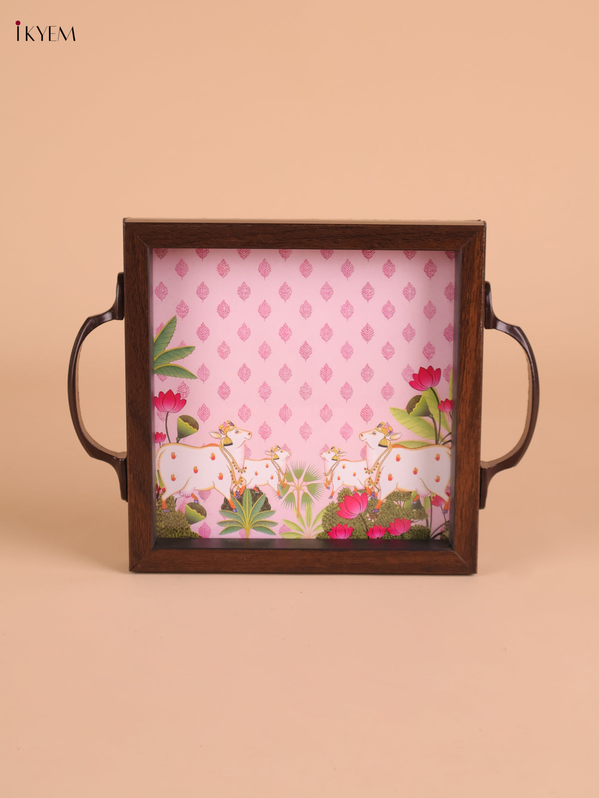 Pichwai Cow&Calf Printed Wooden Tray-Baby Pink(6x6)
