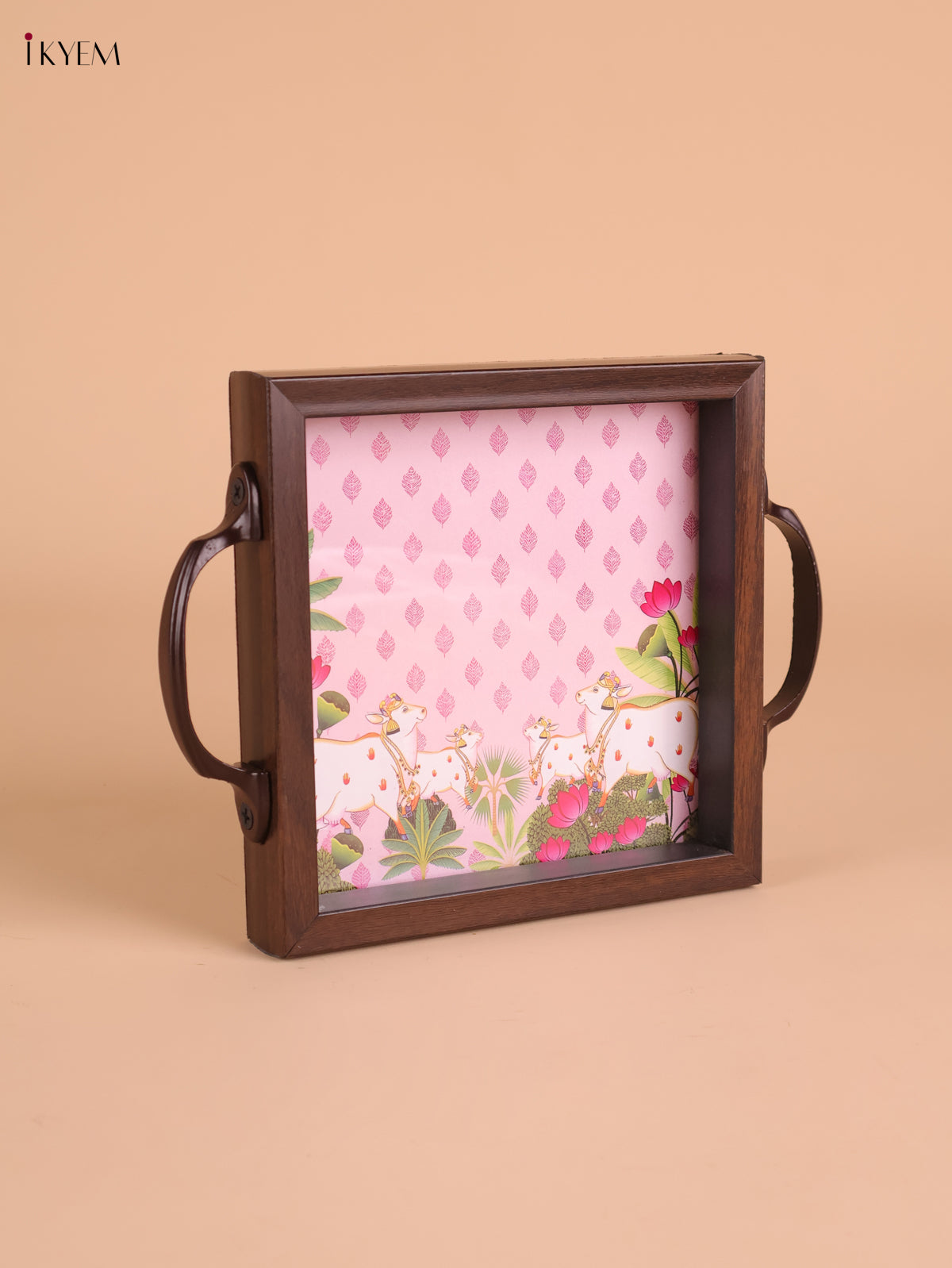 Pichwai Cow&Calf Printed Wooden Tray-Baby Pink(6x6)