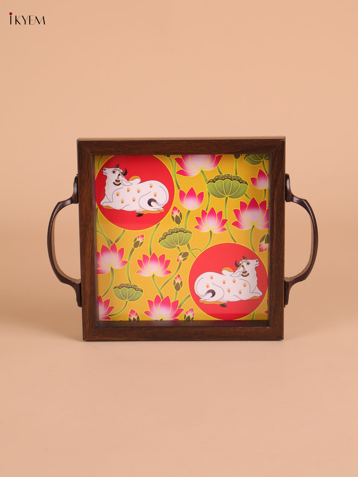 Pichwai Cow Printed Wooden Tray-Yellow(6x6)