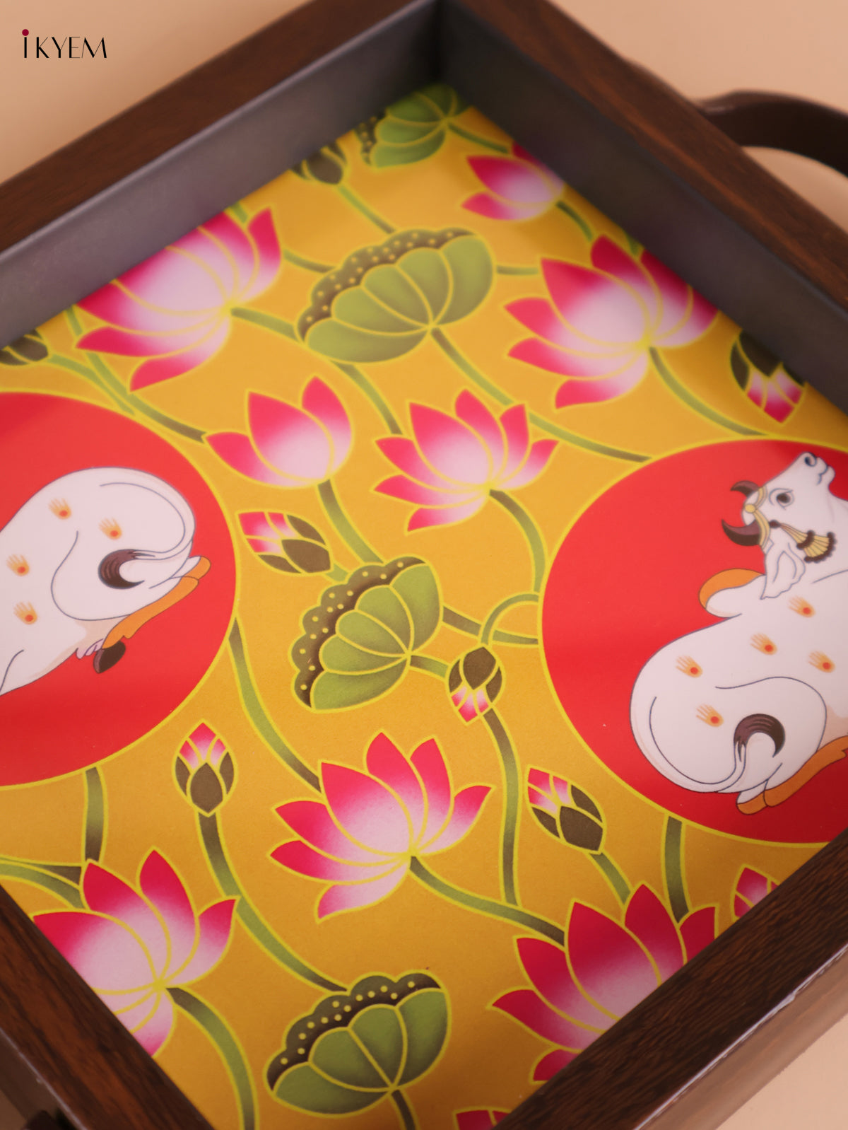Pichwai Cow Printed Wooden Tray-Yellow(6x6)