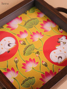 Pichwai Cow Printed Wooden Tray-Yellow(6x6)