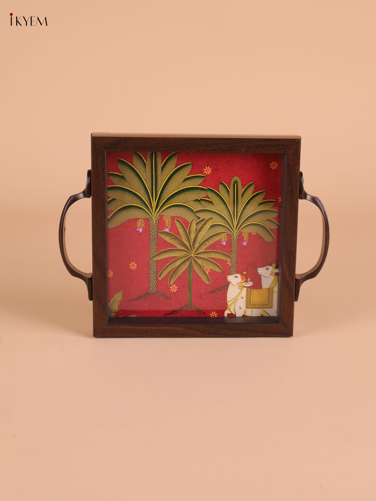 Pichwai Cow&Tree Printed Wooden Tray-Red(6x6)
