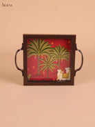 Pichwai Cow&Tree Printed Wooden Tray-Red(6x6)