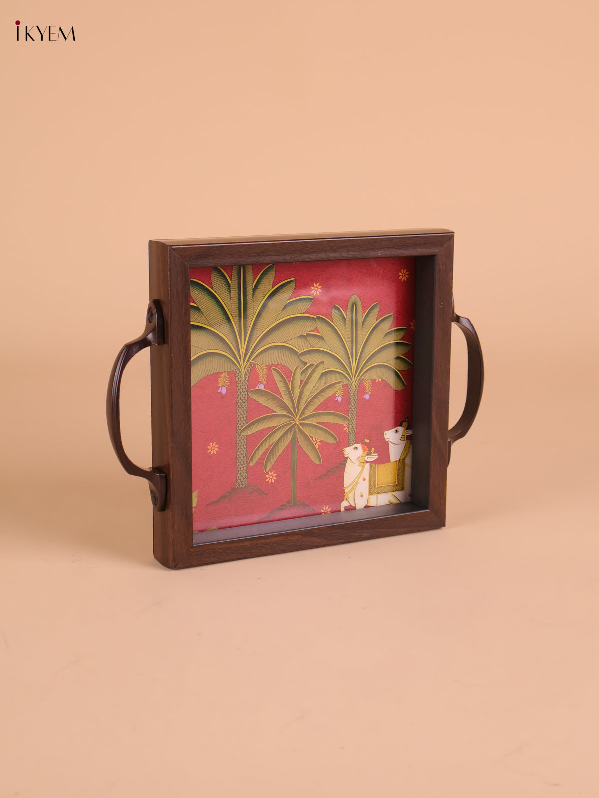 Pichwai Cow&Tree Printed Wooden Tray-Red(6x6)