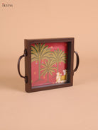 Pichwai Cow&Tree Printed Wooden Tray-Red(6x6)