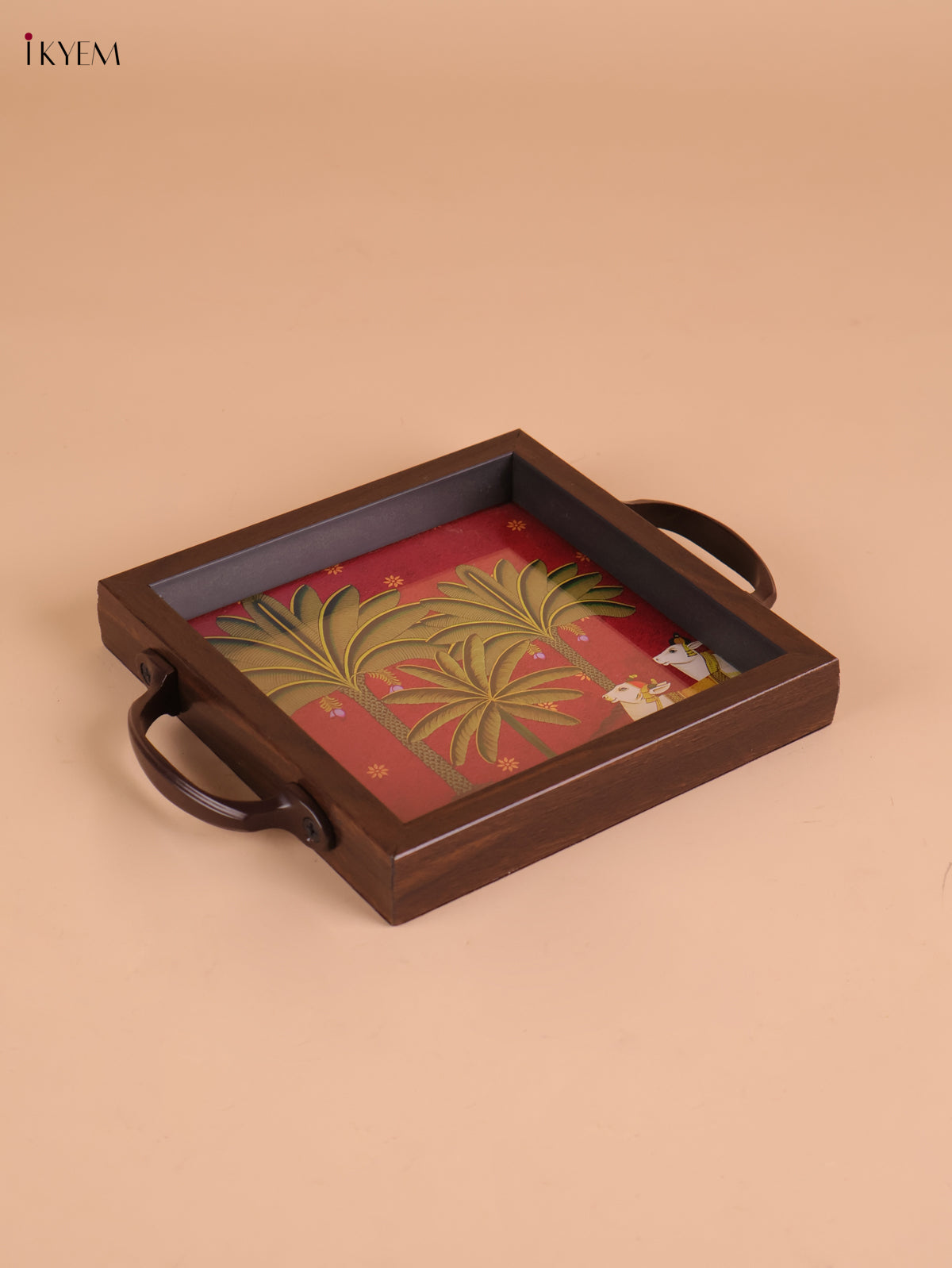 Pichwai Cow&Tree Printed Wooden Tray-Red(6x6)