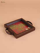 Pichwai Cow&Tree Printed Wooden Tray-Red(6x6)
