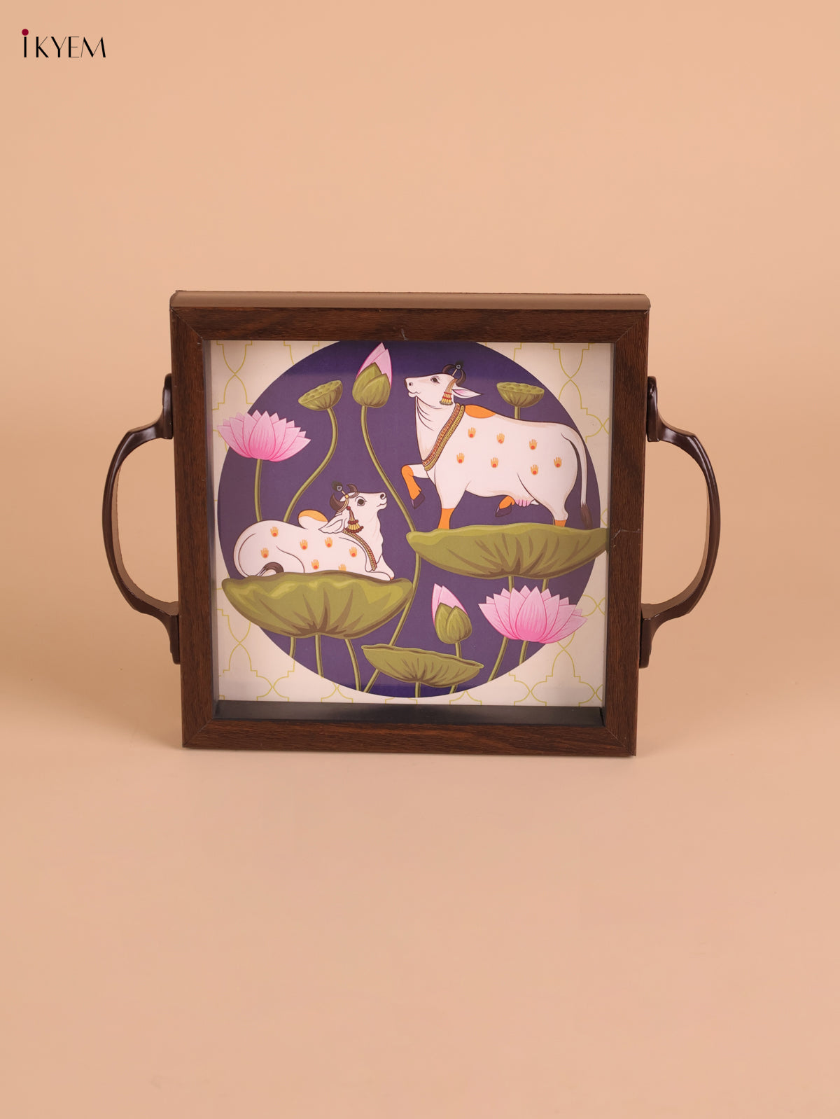 Pichwai Cow&Lotus Printed Wooden Tray-Blue(6x6)