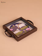 Pichwai Cow&Lotus Printed Wooden Tray-Blue(6x6)