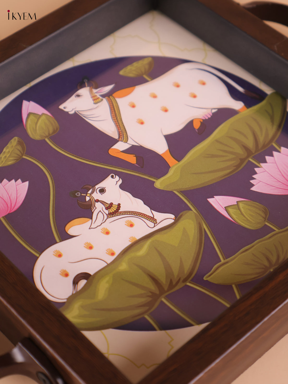 Pichwai Cow&Lotus Printed Wooden Tray-Blue(6x6)