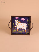 Pichwai Cow Printed Wooden Tray-Blue(8x8)