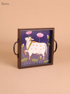 Pichwai Cow Printed Wooden Tray-Blue(8x8)