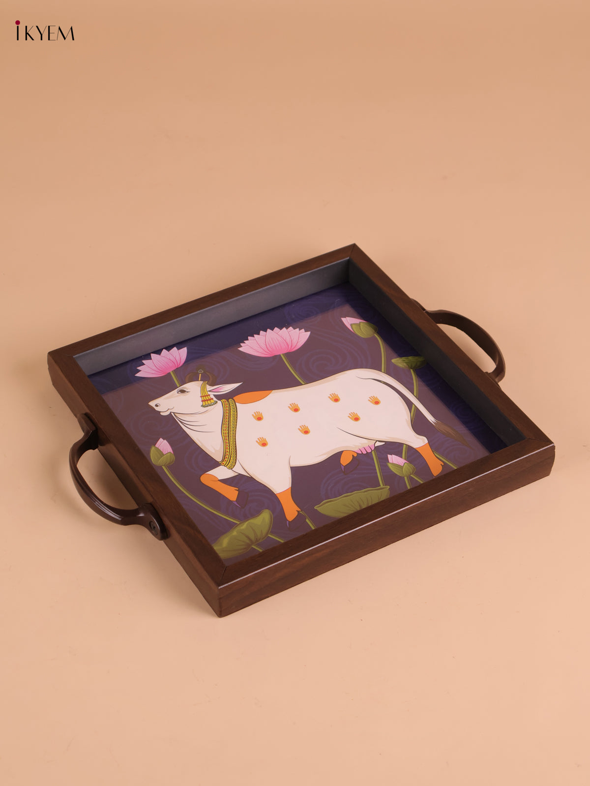 Pichwai Cow Printed Wooden Tray-Blue(8x8)