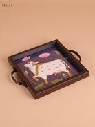 Pichwai Cow Printed Wooden Tray-Blue(8x8)