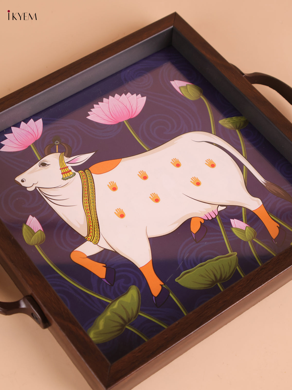 Pichwai Cow Printed Wooden Tray-Blue(8x8)