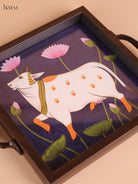 Pichwai Cow Printed Wooden Tray-Blue(8x8)