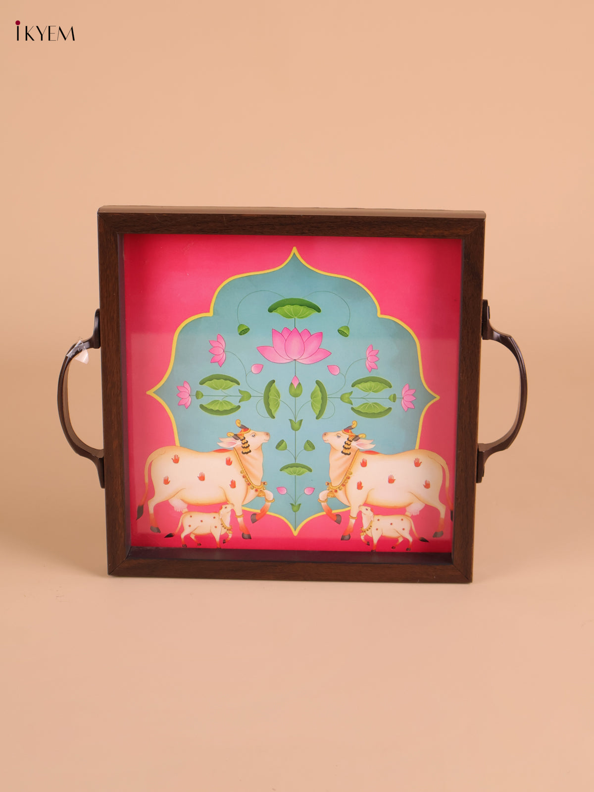 Pichwai Cow&Calf Printed Wooden Tray-Pink(8x8)