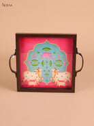 Pichwai Cow&Calf Printed Wooden Tray-Pink(8x8)