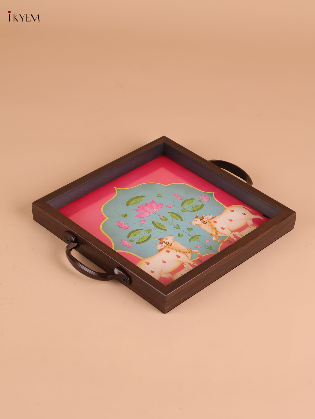 Pichwai Cow&Calf Printed Wooden Tray-Pink(8x8)
