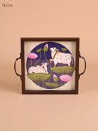 Pichwai Cow&Lotus Printed Wooden Tray-Blue(8x8)