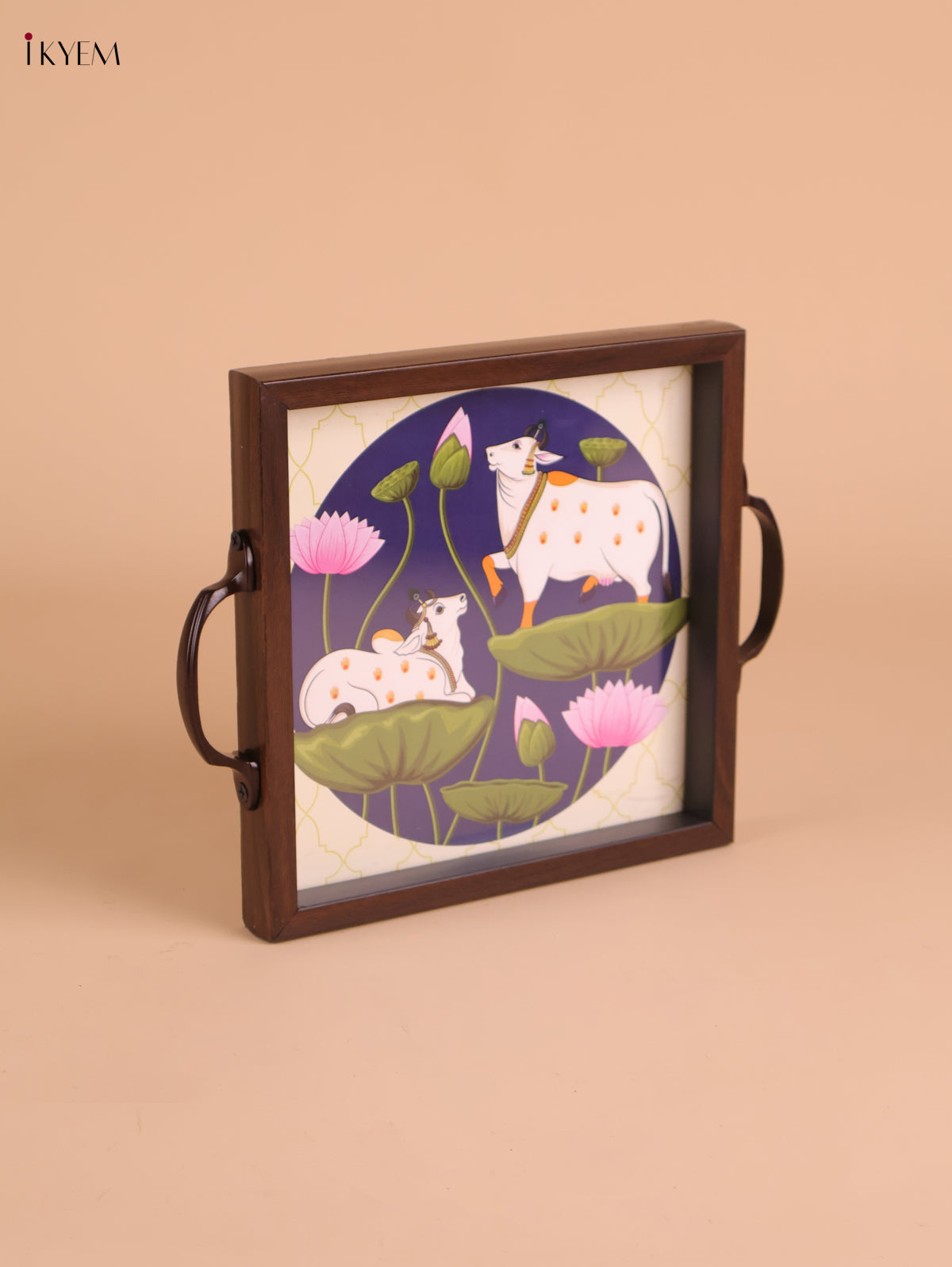 Pichwai Cow&Lotus Printed Wooden Tray-Blue(8x8)