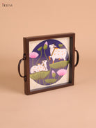 Pichwai Cow&Lotus Printed Wooden Tray-Blue(8x8)