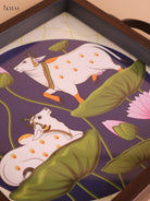 Pichwai Cow&Lotus Printed Wooden Tray-Blue(8x8)
