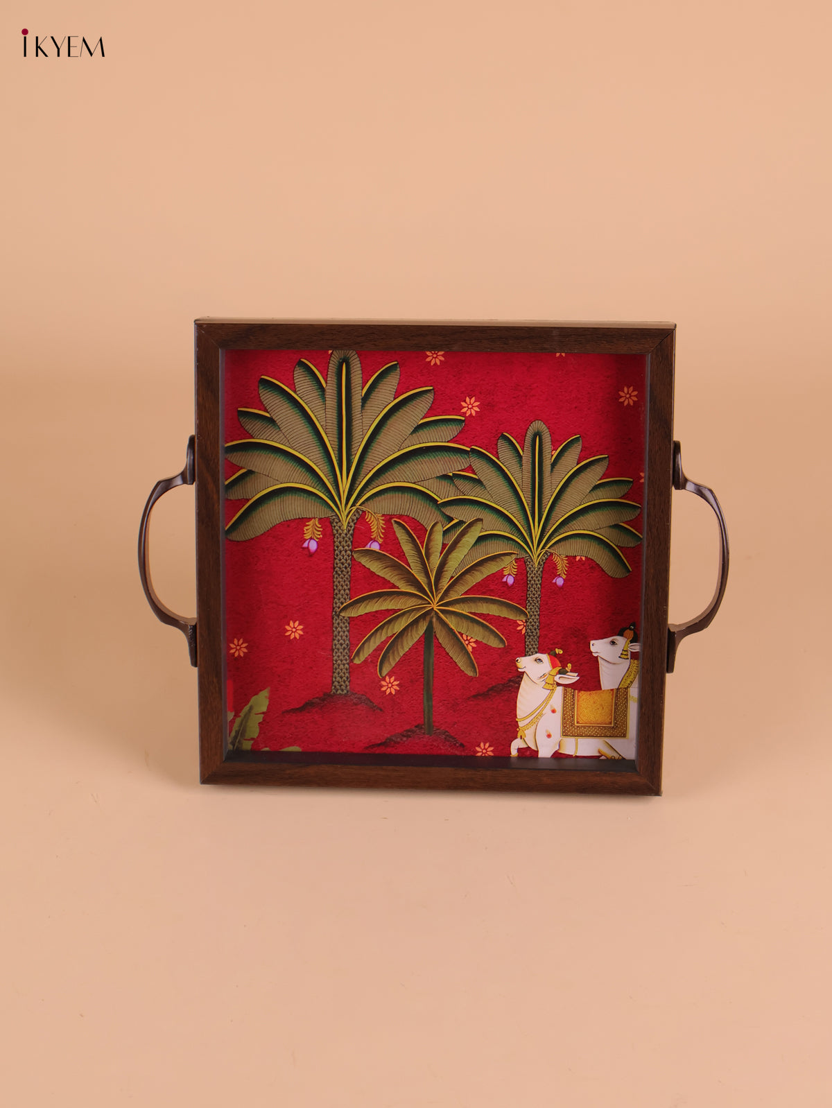 Pichwai Cow&Tree Printed Wooden Tray-Red(8x8)