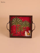 Pichwai Cow&Tree Printed Wooden Tray-Red(8x8)