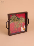 Pichwai Cow&Tree Printed Wooden Tray-Red(8x8)