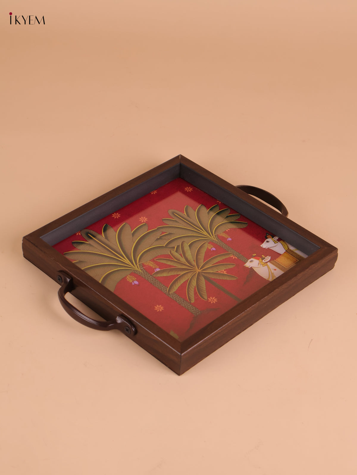Pichwai Cow&Tree Printed Wooden Tray-Red(8x8)