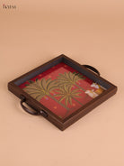 Pichwai Cow&Tree Printed Wooden Tray-Red(8x8)
