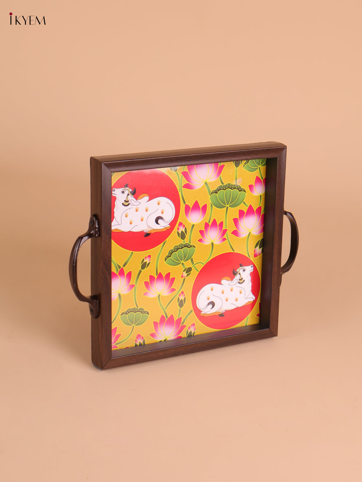 Pichwai Cow&Calf Printed Wooden Tray-Yellow(8x8)
