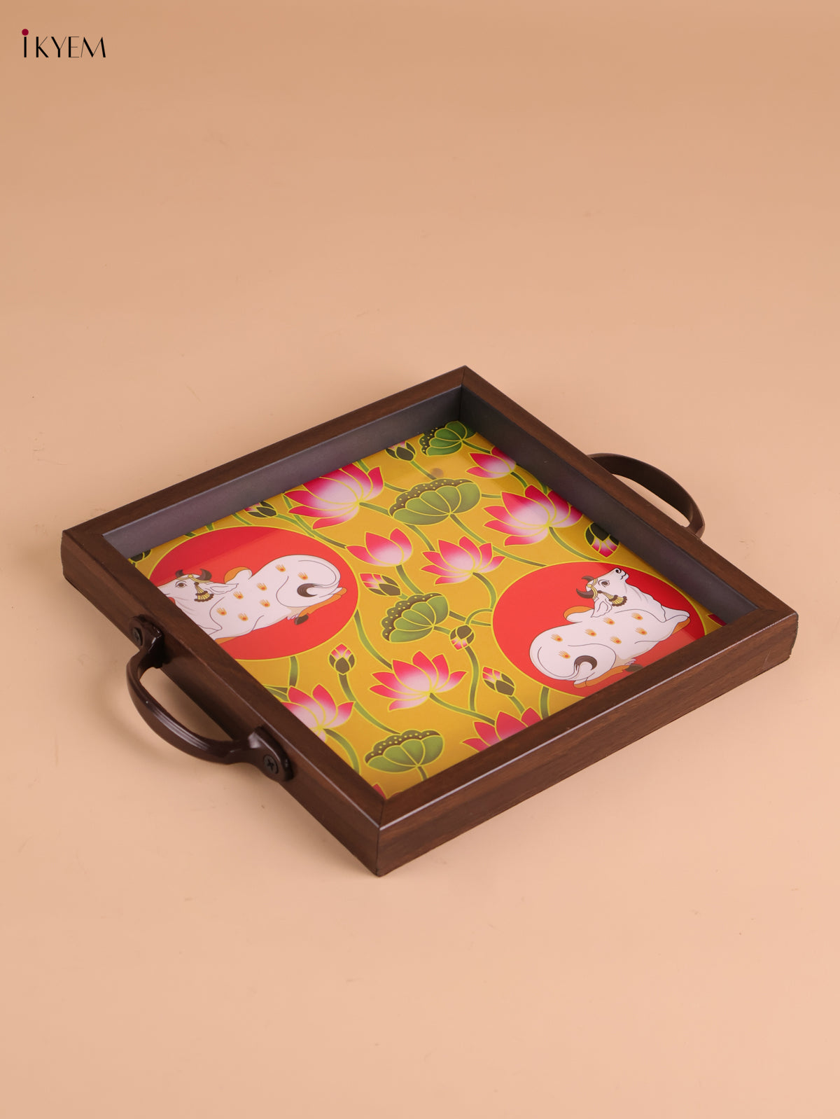 Pichwai Cow&Calf Printed Wooden Tray-Yellow(8x8)