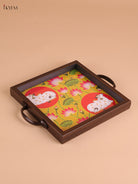 Pichwai Cow&Calf Printed Wooden Tray-Yellow(8x8)