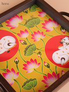 Pichwai Cow&Calf Printed Wooden Tray-Yellow(8x8)