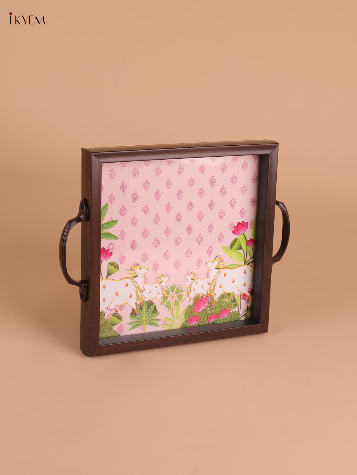 Pichwai Cow&Calf Printed Wooden Tray-Baby Pink(8x8)