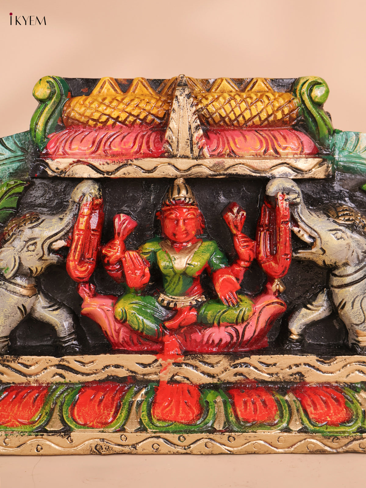 Wooden Hand Carved Painted Gajalakshmi Panel (9x27)