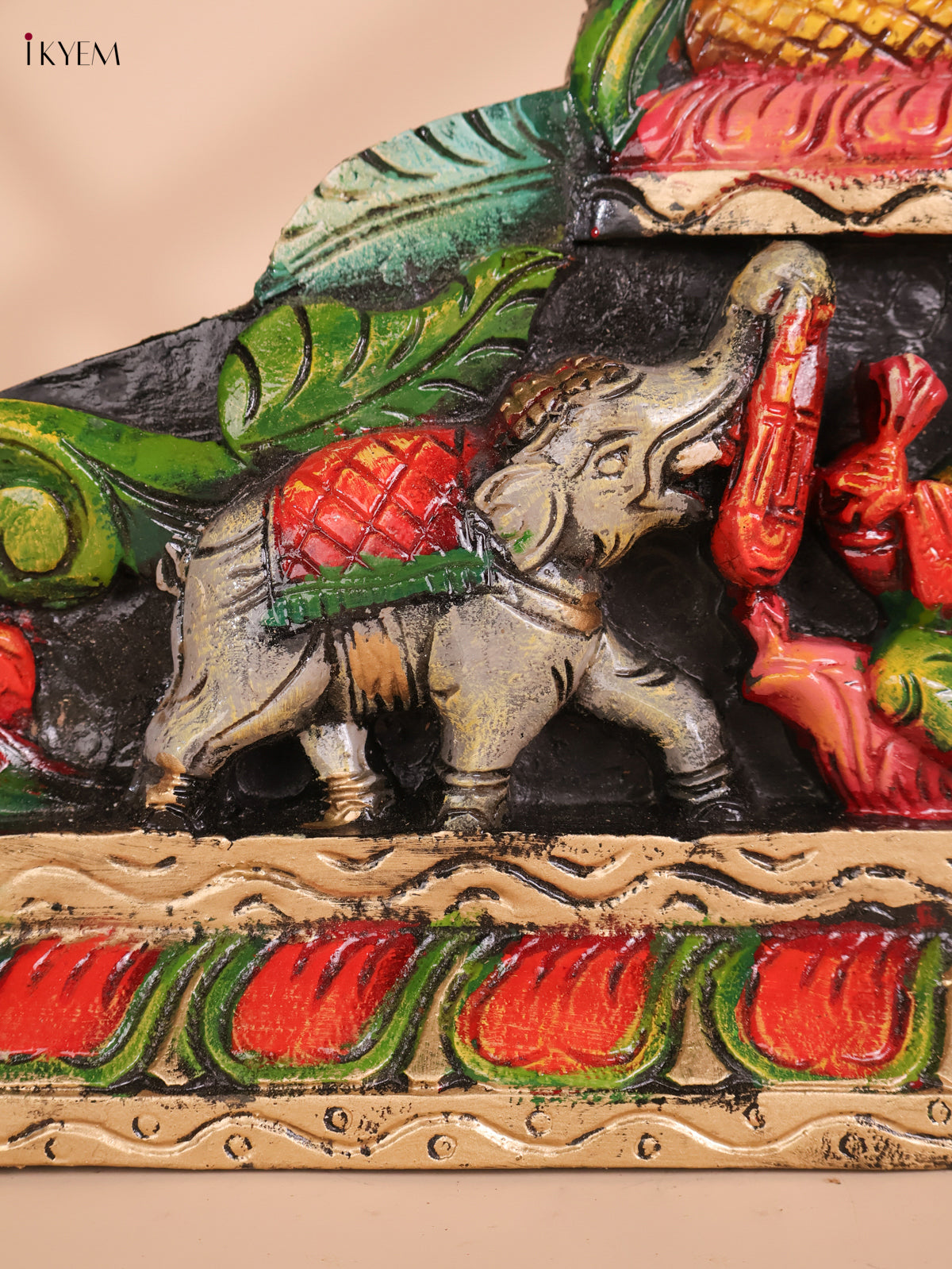 Wooden Hand Carved Painted Gajalakshmi Panel (9x27)