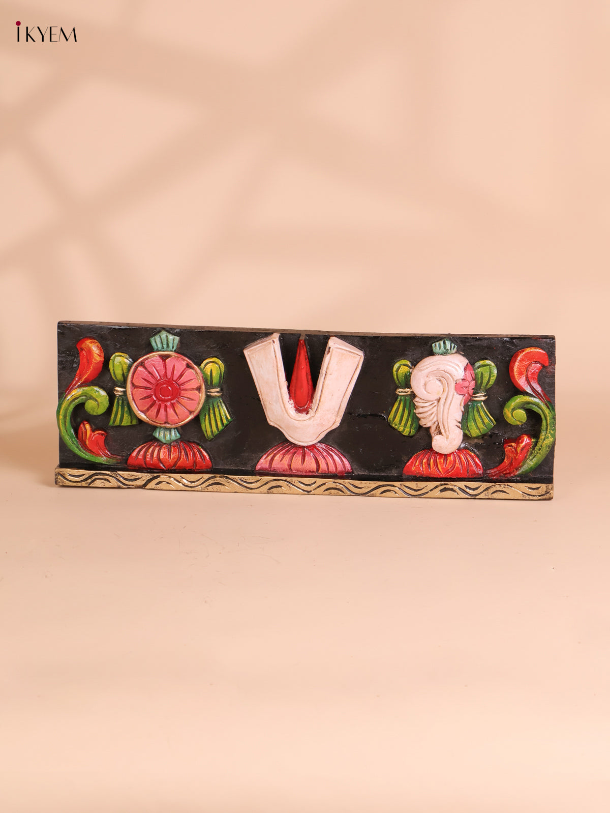 Wooden Hand Carved Painted Shank Chakra Namam Panel (6x18)
