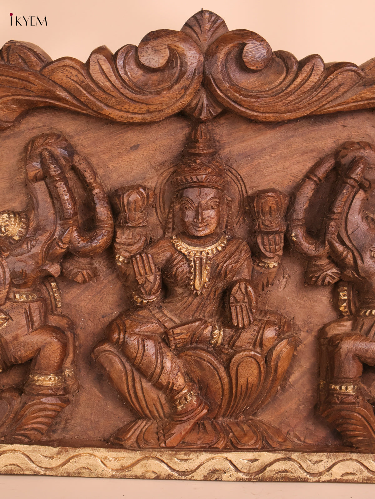 Wooden Hand Carved Gajalakashmi Panel(12x18)