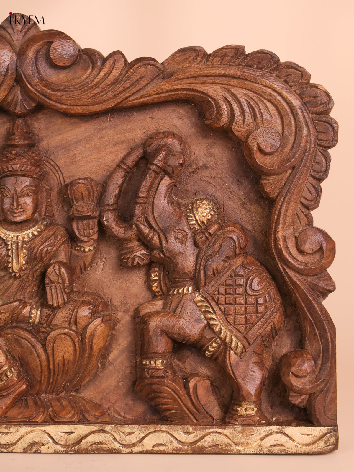Wooden Hand Carved Gajalakashmi Panel(12x18)